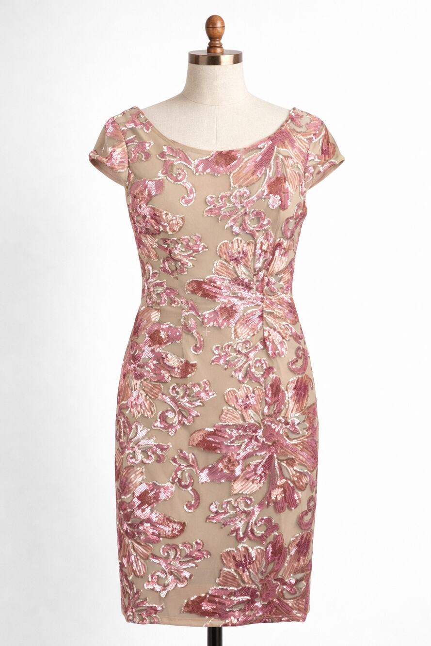MARINA Pink Champagne Floral Sequin Dress Nude Rose Gold 8 Cocktail Dress